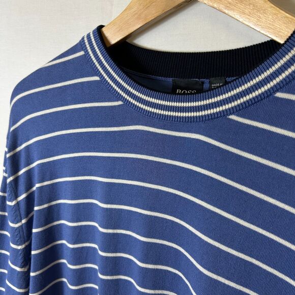Boss Hugo Boss Blue Stripe 100% Cotton Lightweight Crewneck LS Sweater Size XL - Picture 5 of 12